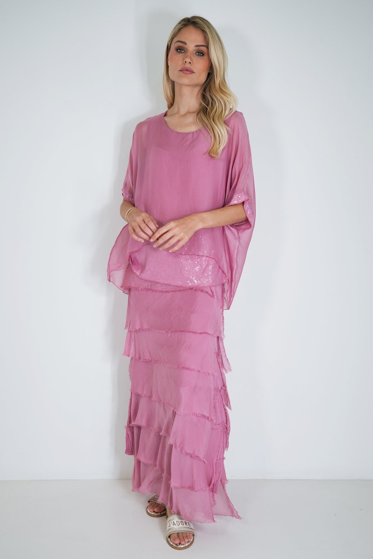 Pink Sequin Silk Poncho