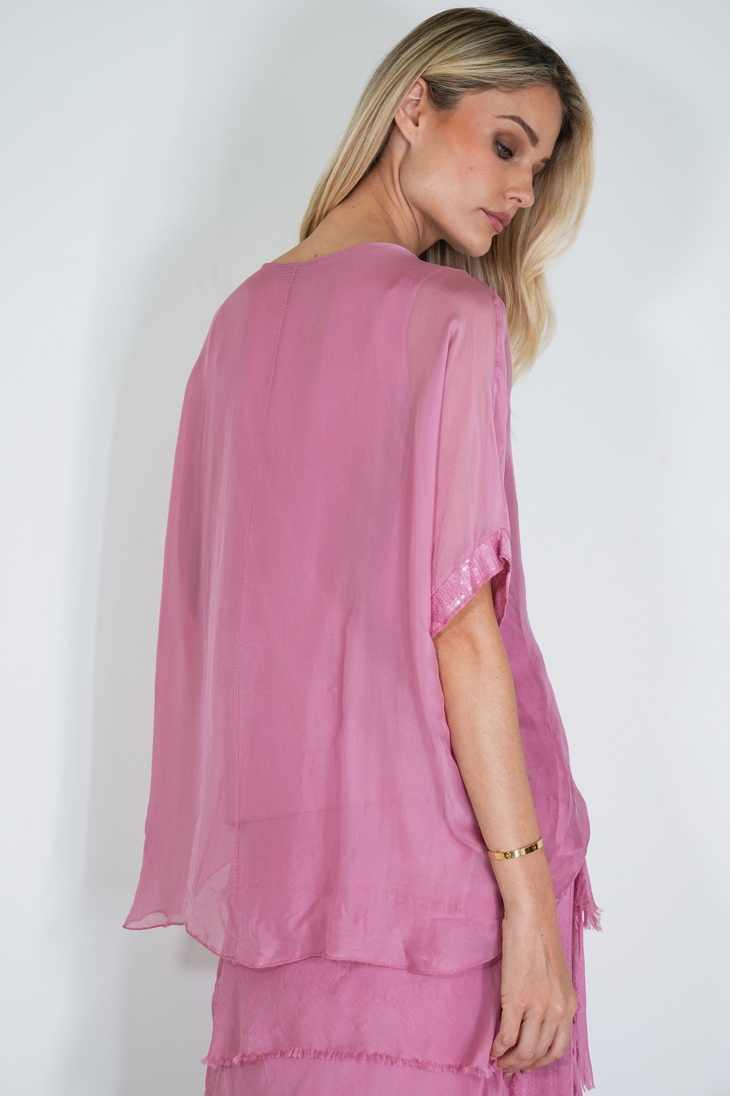 Pink Sequin Silk Poncho
