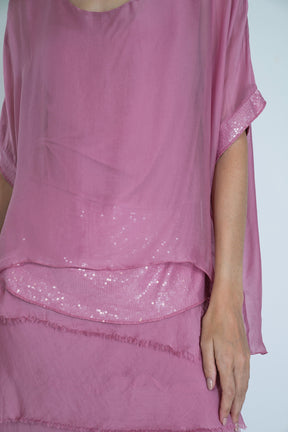 Pink Sequin Silk Poncho