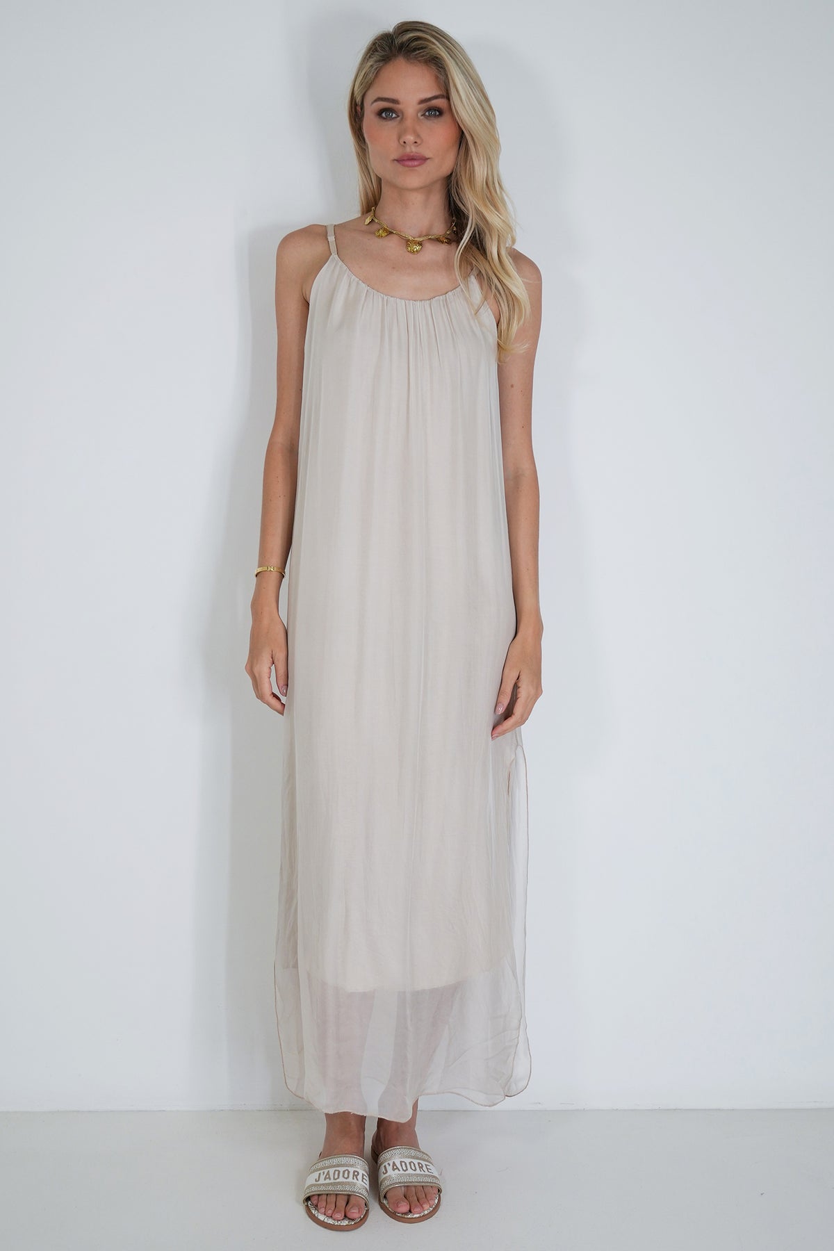 Cream Silk Strap Dress