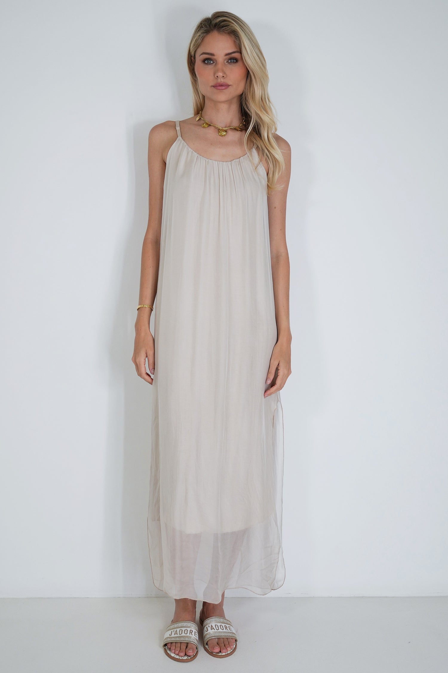 Cream Silk Strap Dress