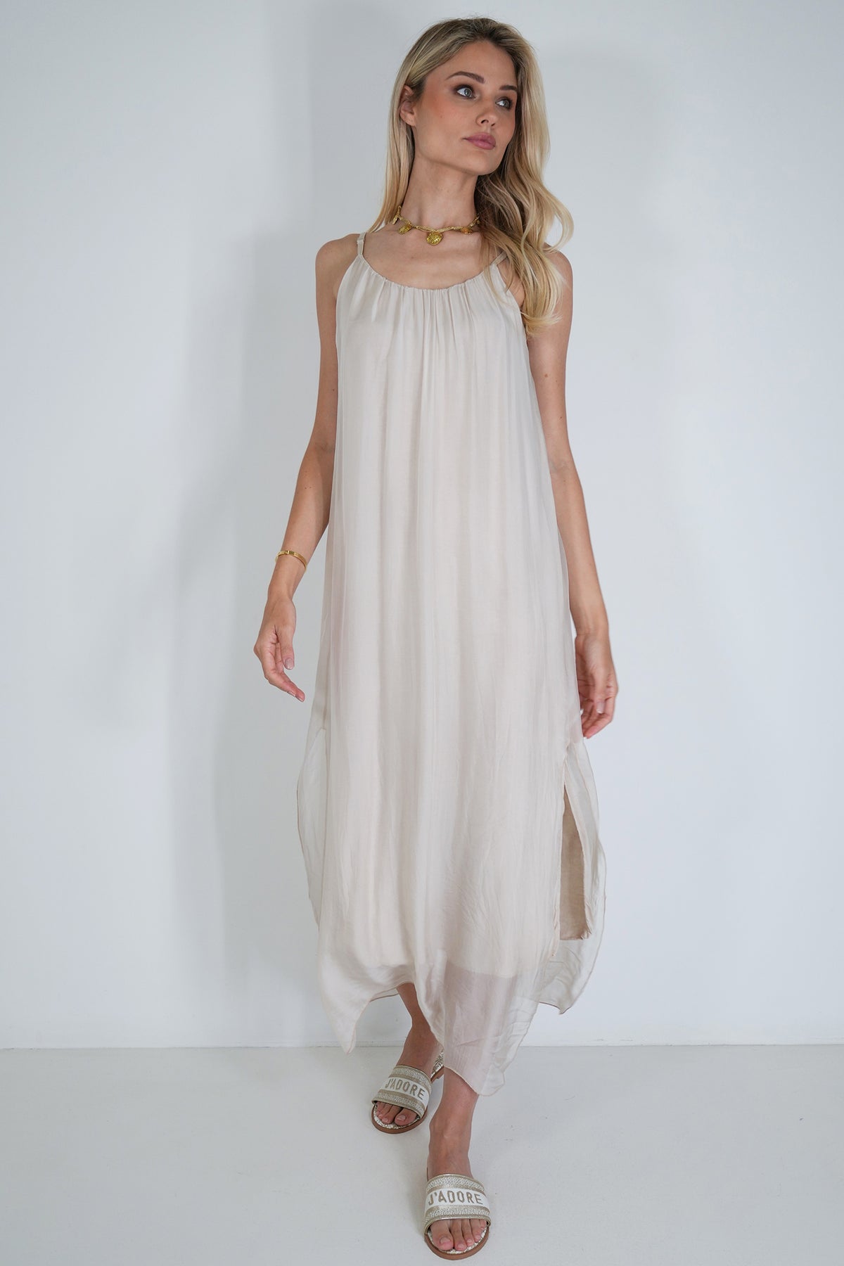 Cream Silk Strap Dress