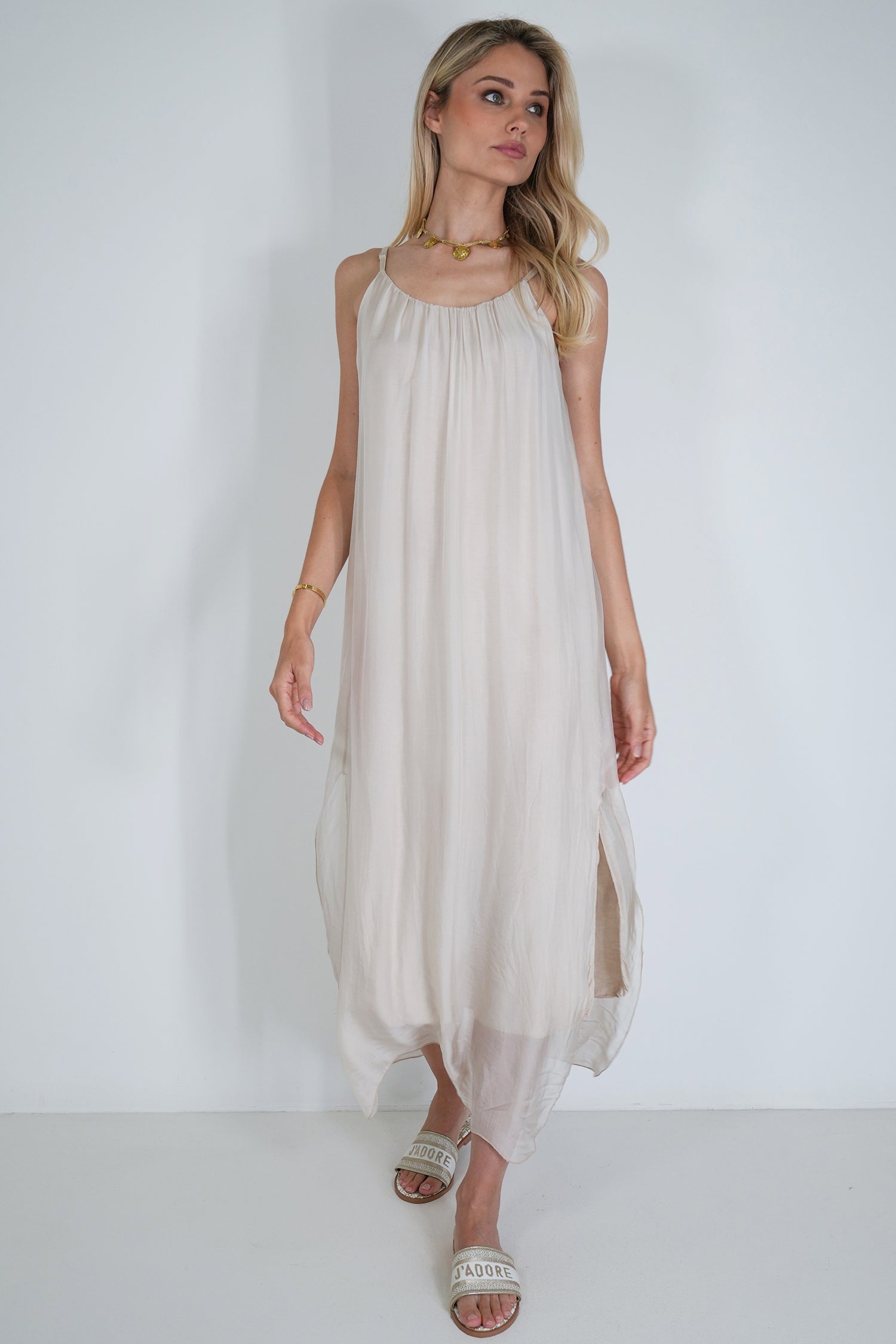 Cream Silk Strap Dress