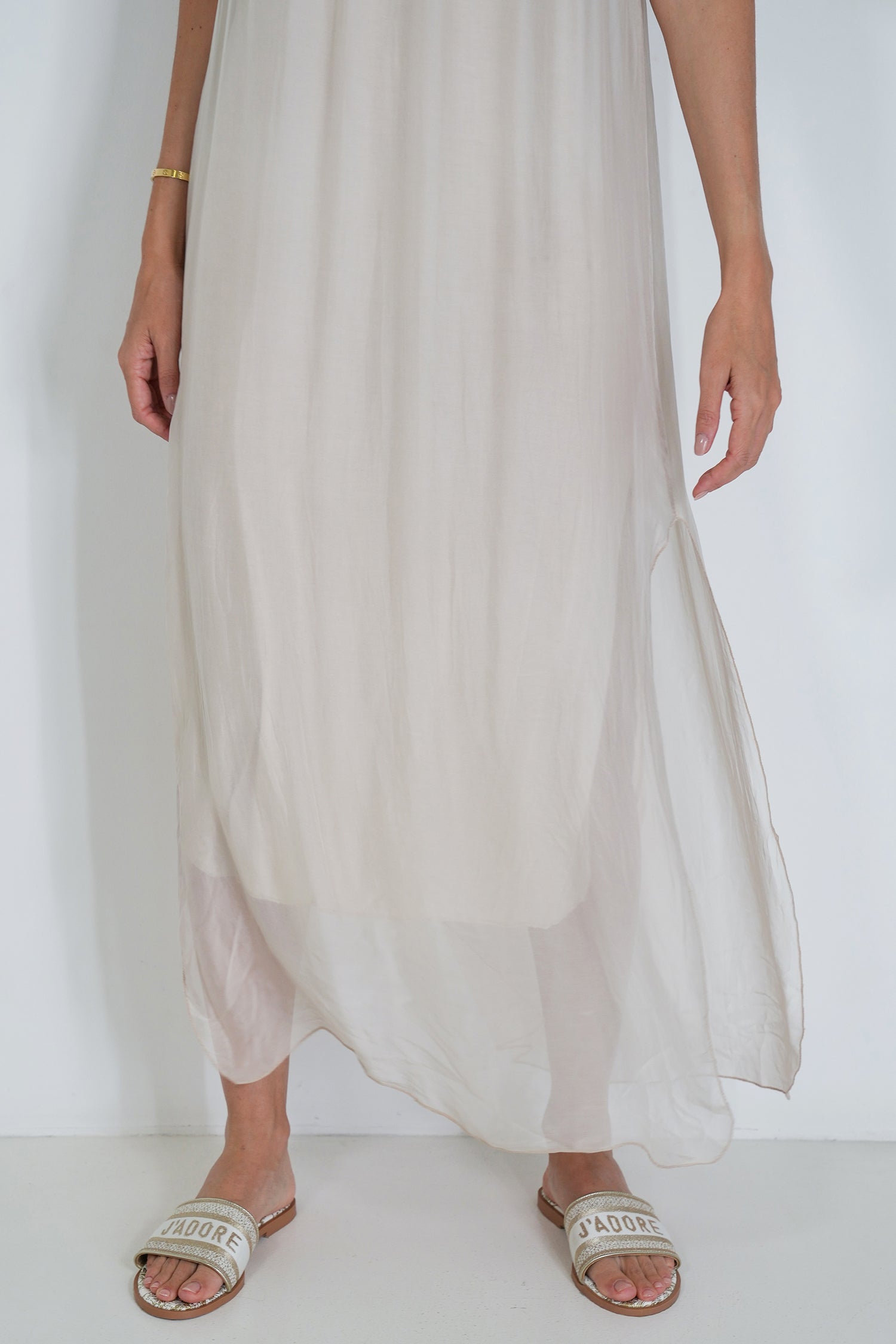Cream Silk Strap Dress