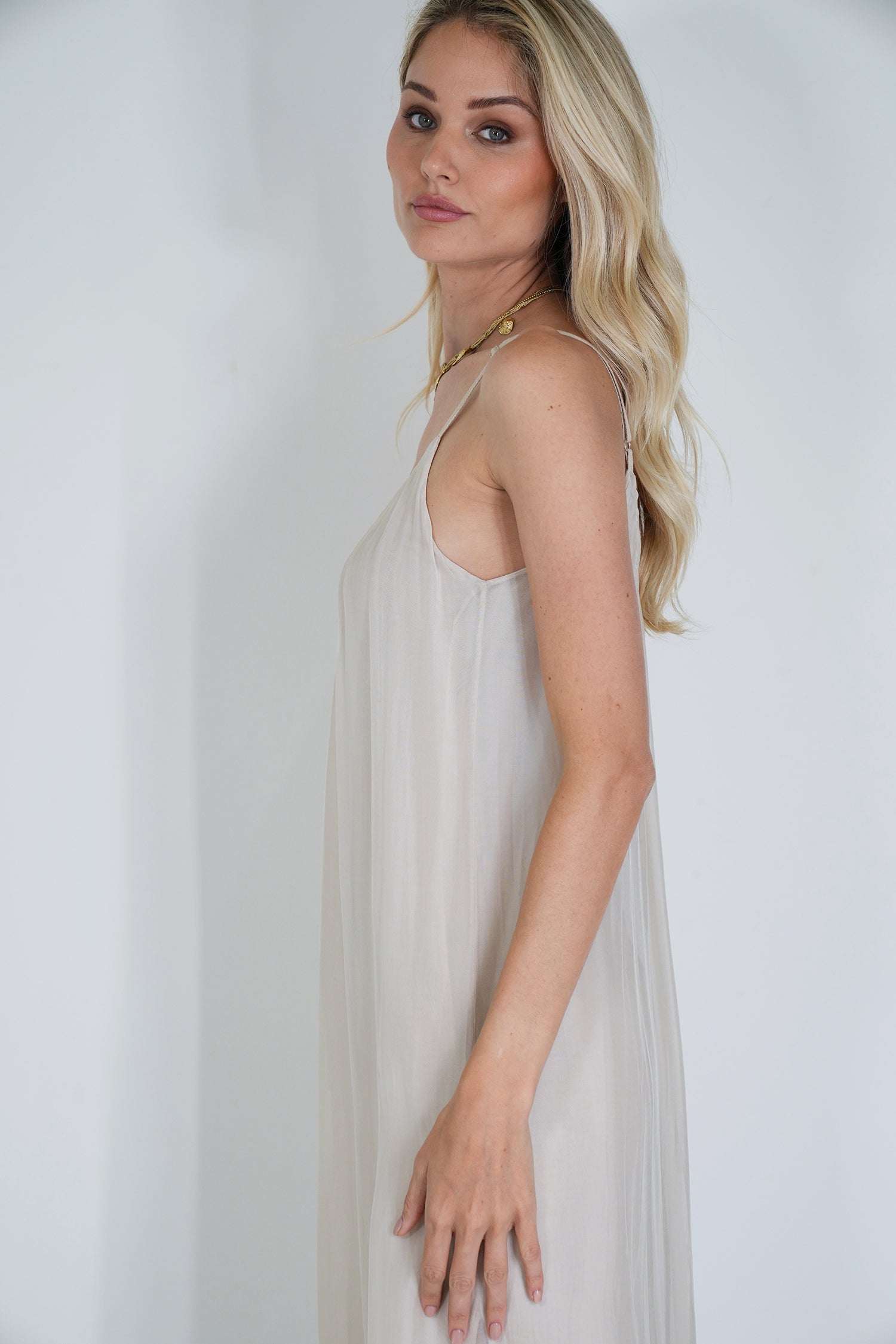 Cream Silk Strap Dress