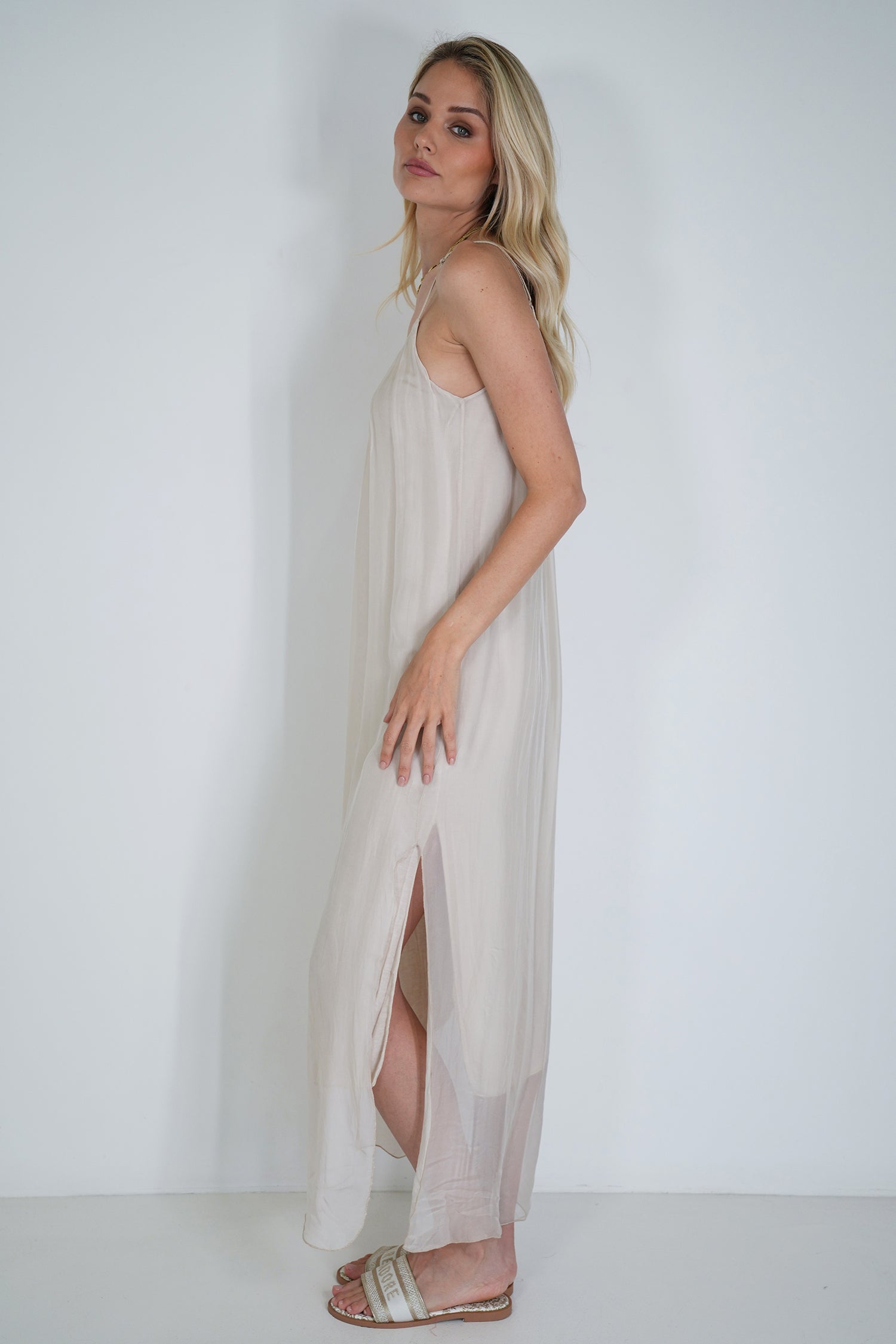 Cream Silk Strap Dress