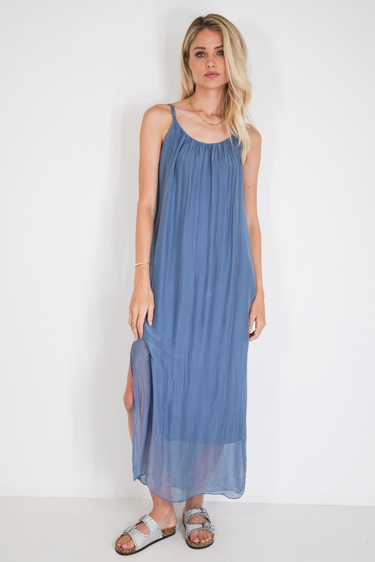 Blue Silk Strap Dress