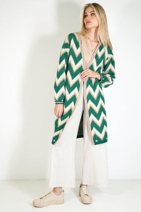 Green and Cream Zig Zag Cosy Longer Length Cardigan