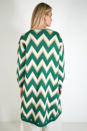 Green and Cream Zig Zag Cosy Longer Length Cardigan