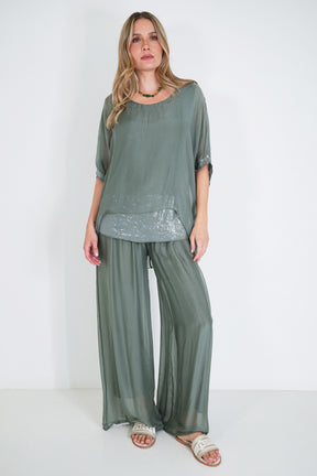 Olive Sequin Silk Poncho