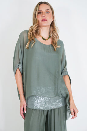 Olive Sequin Silk Poncho