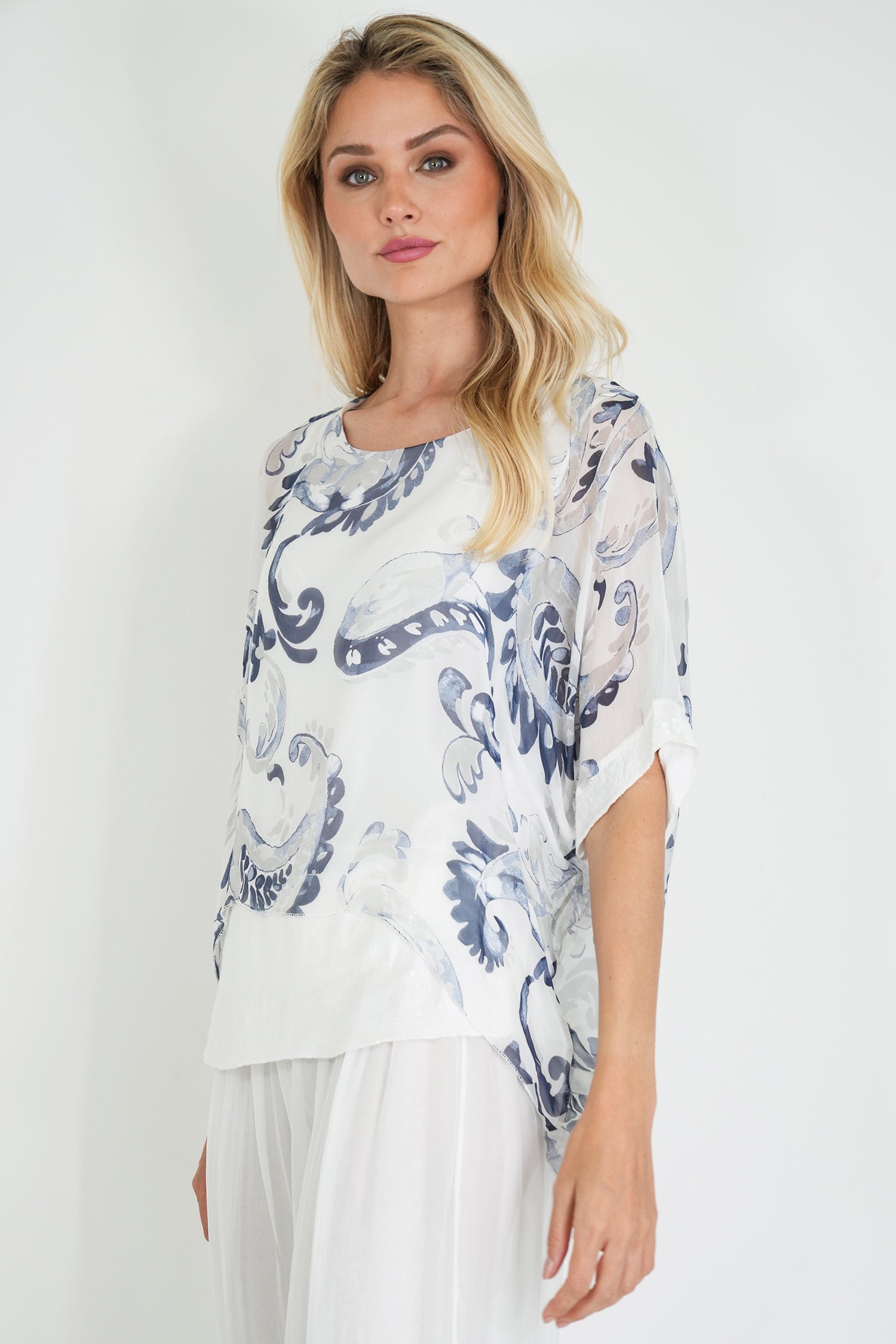 White Jody Sequin Silk poncho