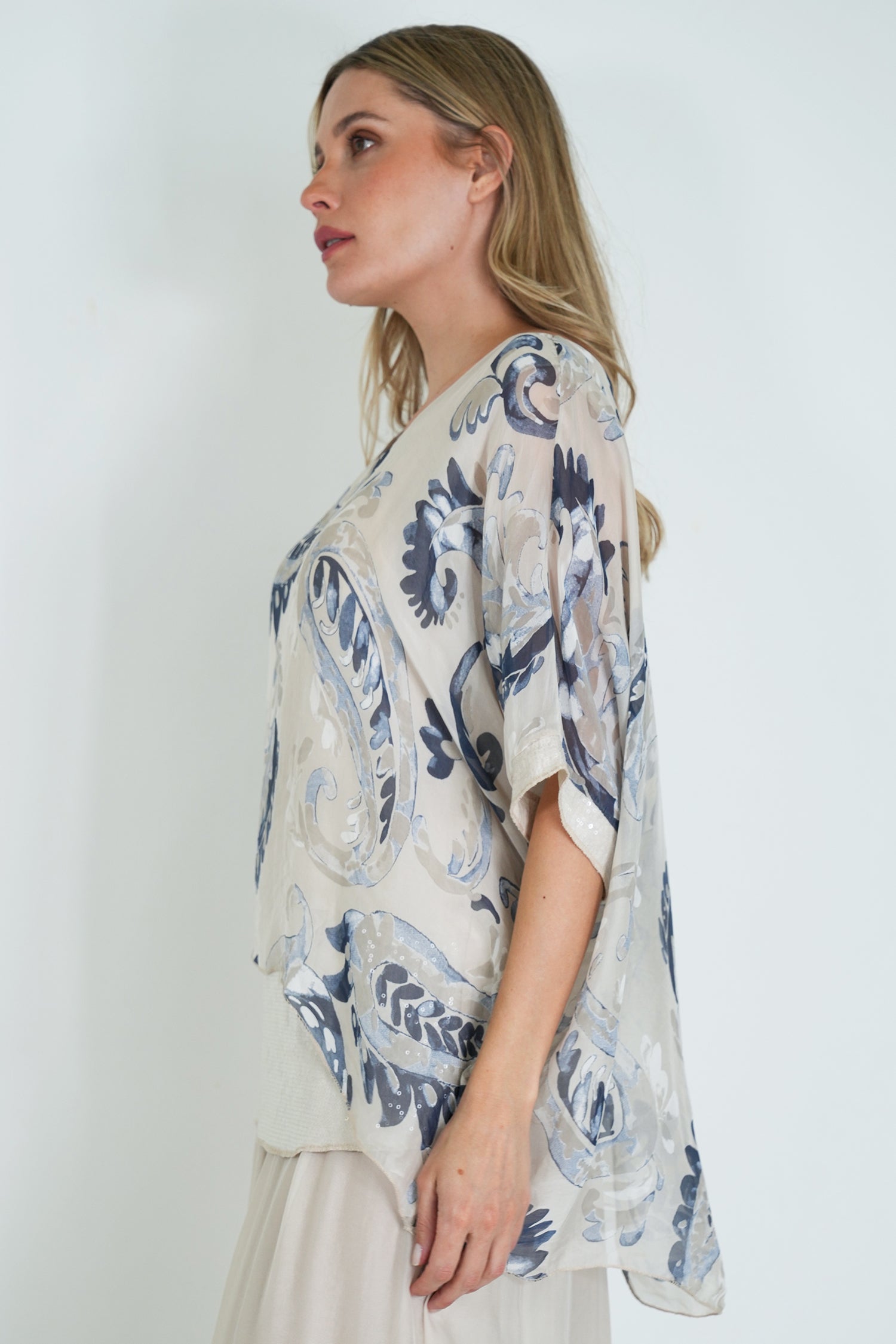Cream Jody Sequin Silk Poncho
