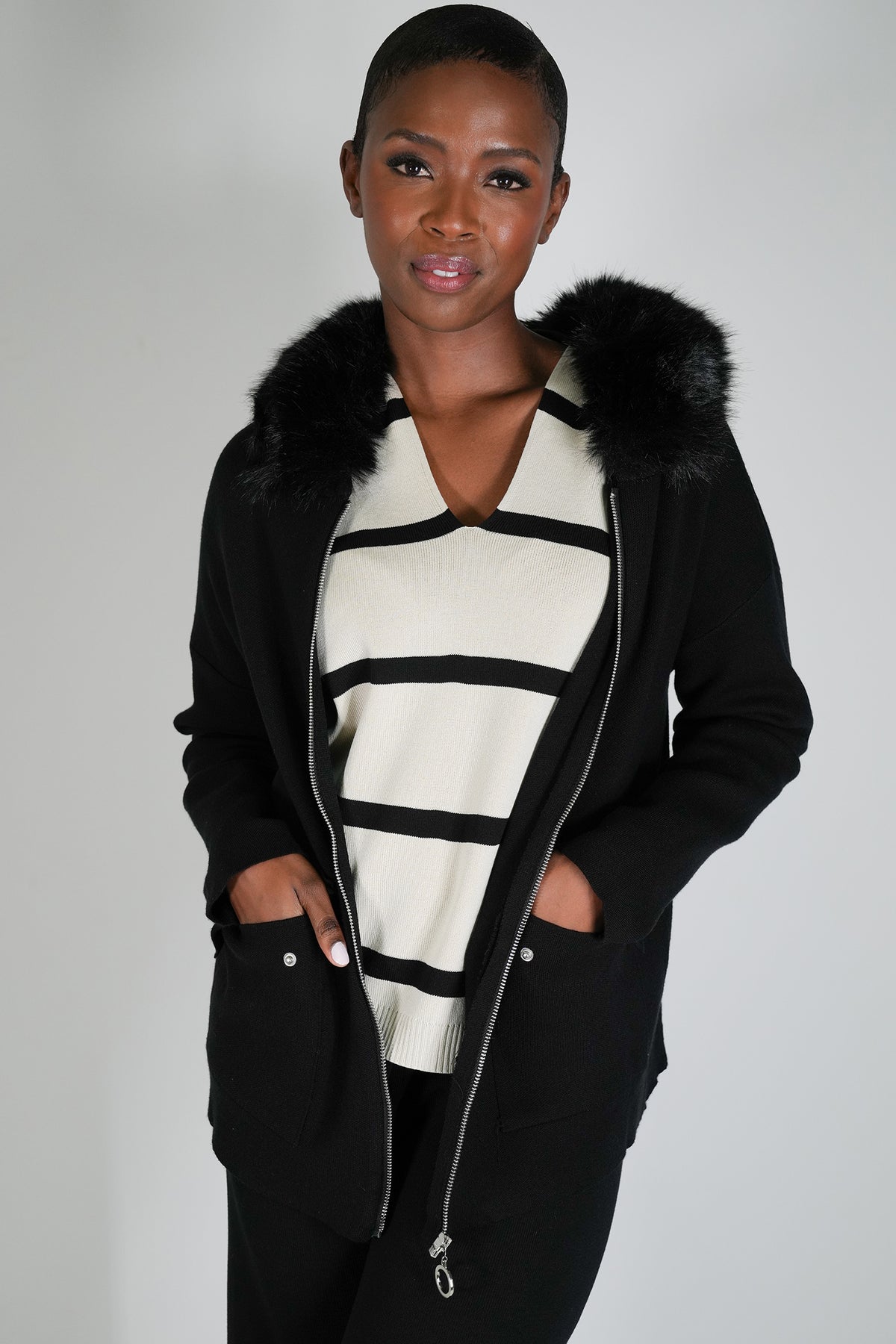 Black Faux Fur Zip Cardigan
