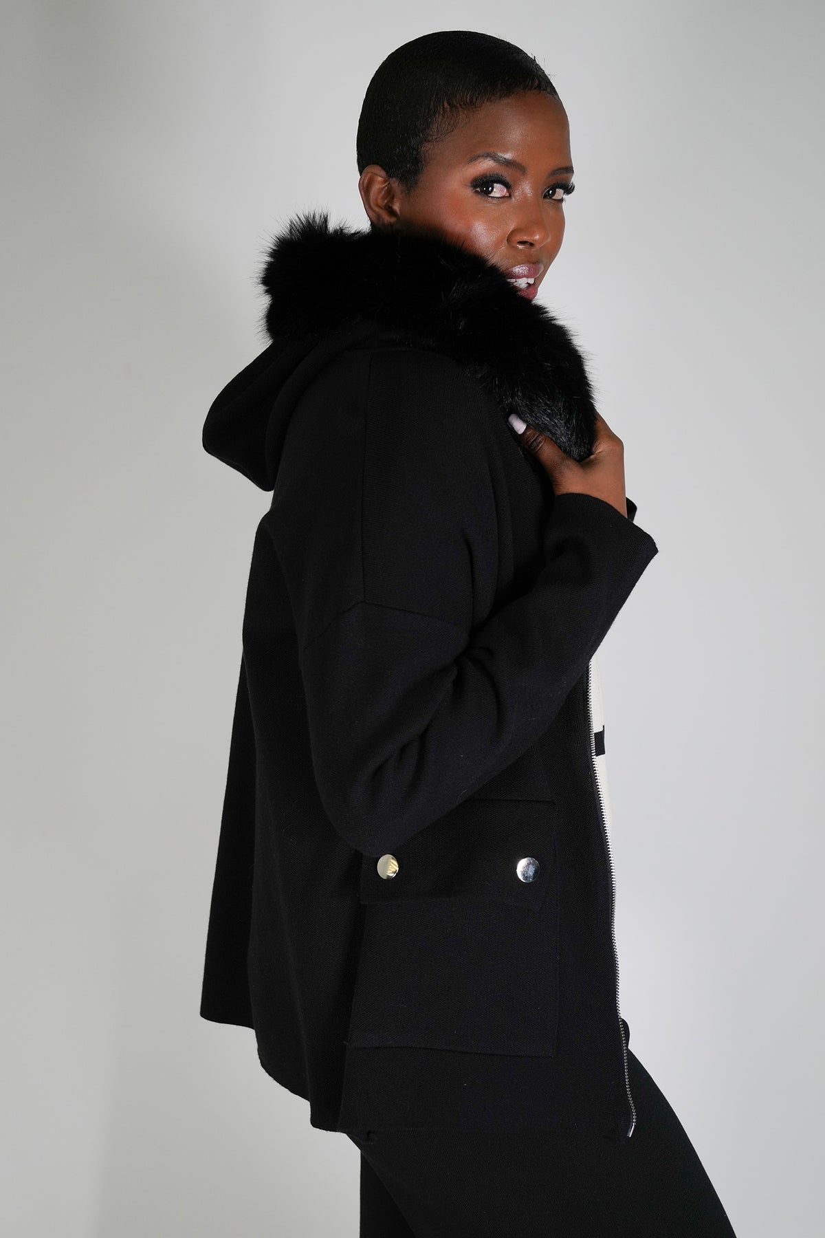 Black Faux Fur Zip Cardigan