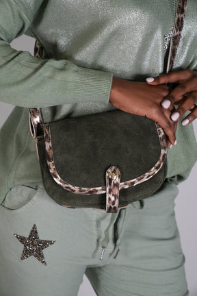 Khakhi Suede Leopard Trim Bag