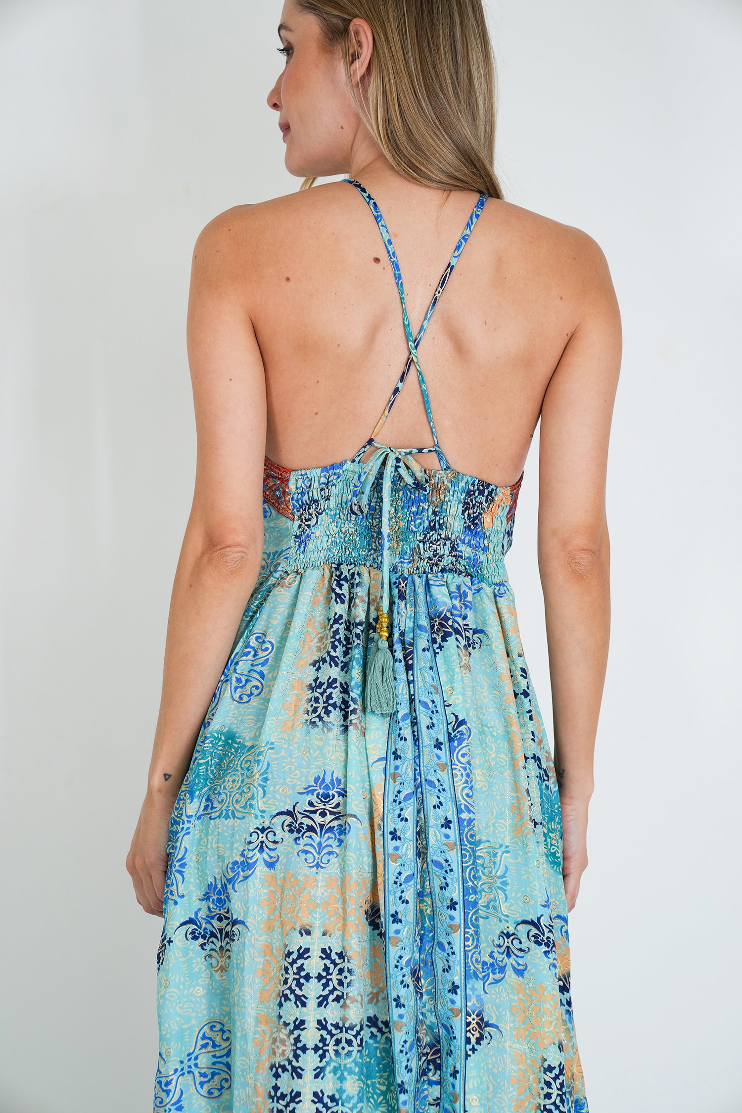 Turquoise And Yellow Mirror Halter Dress