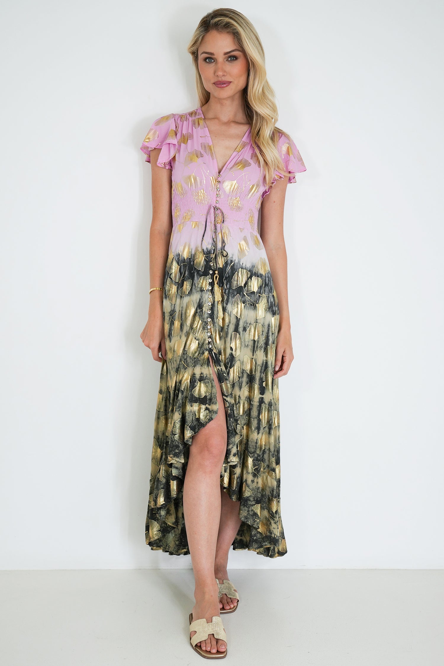 Pink and Charcoal Gold Leaf Dress