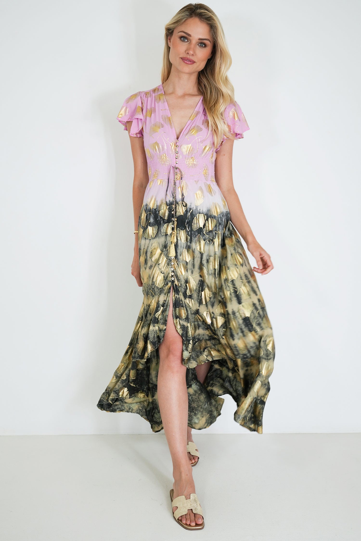Pink and Charcoal Gold Leaf Dress