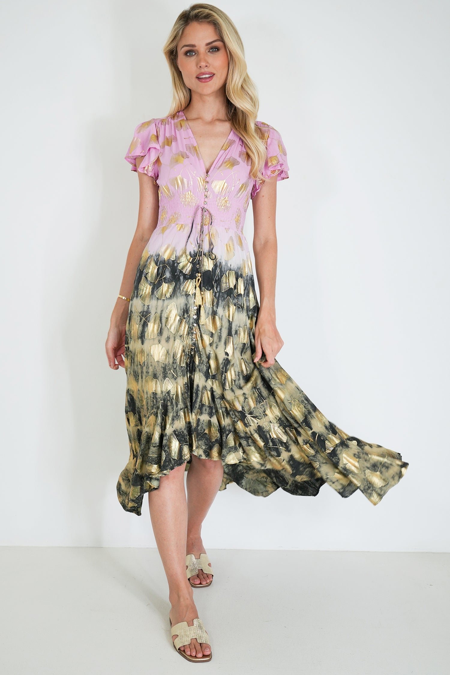 Pink and Charcoal Gold Leaf Dress