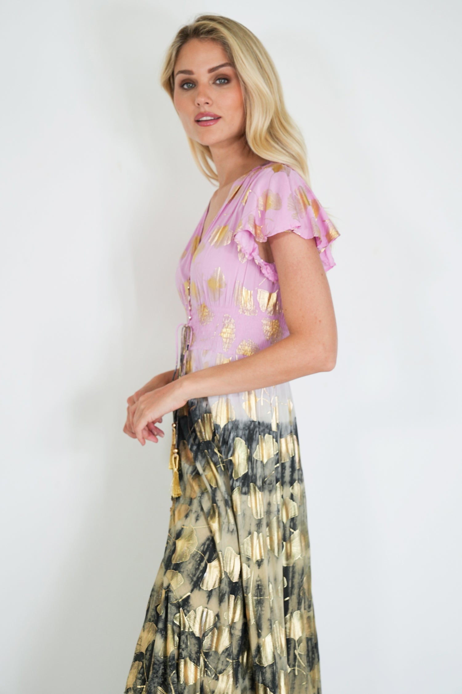 Pink and Charcoal Gold Leaf Dress