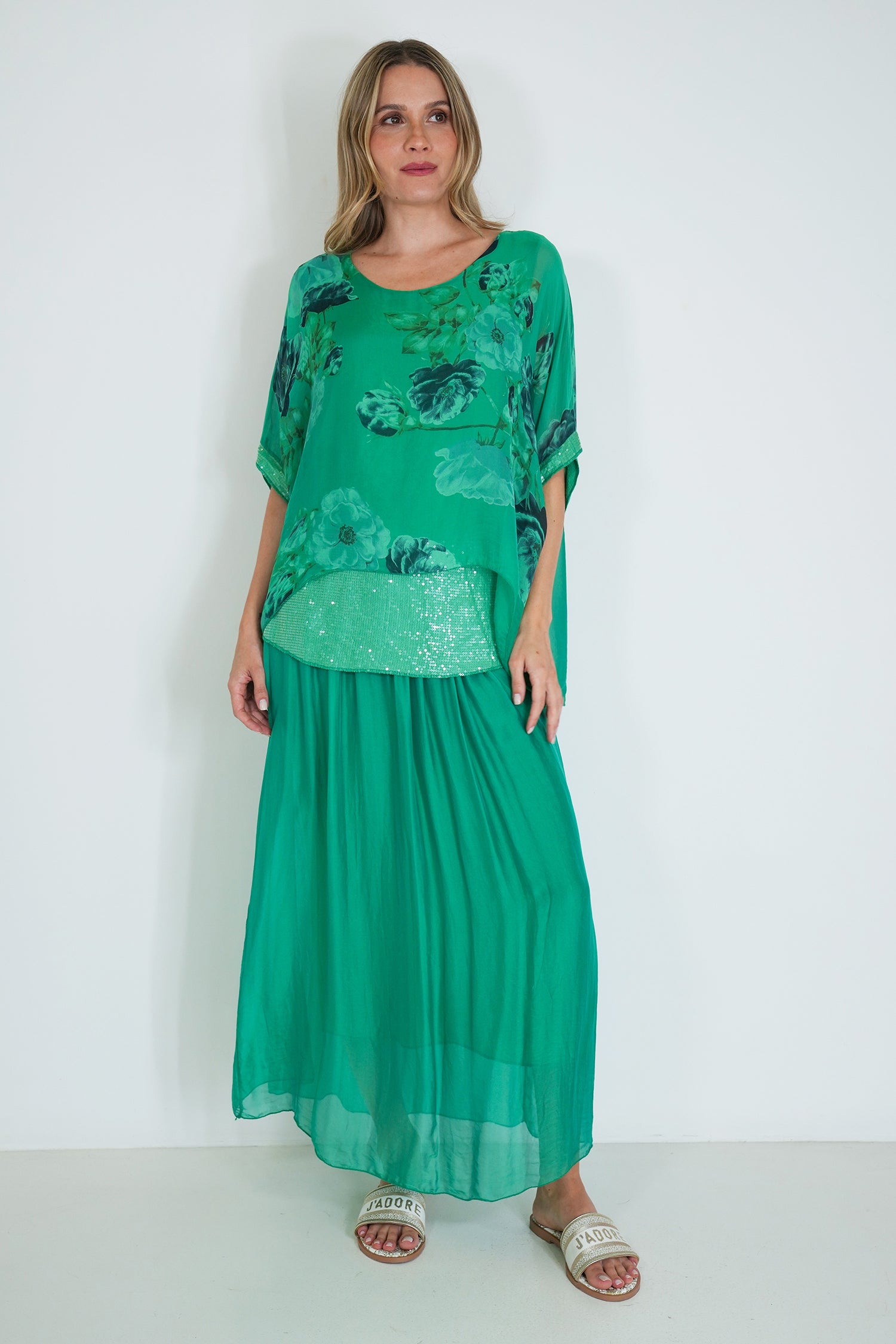 Green Floral Sequin Silk Poncho