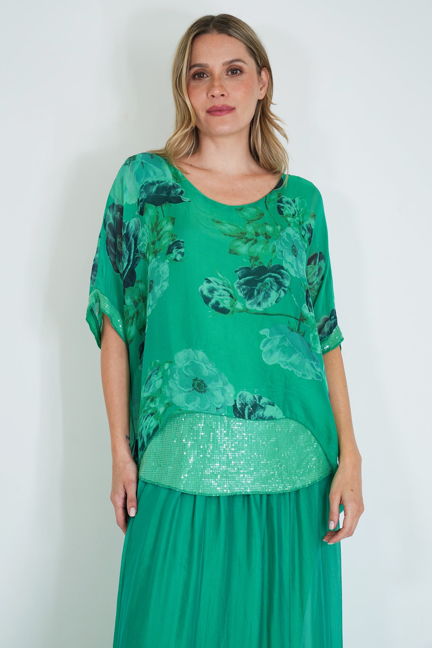 Green Floral Sequin Silk Poncho