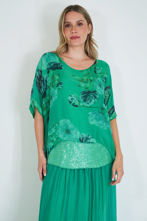 Green Floral Sequin Silk Poncho