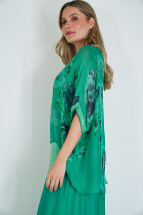 Green Floral Sequin Silk Poncho