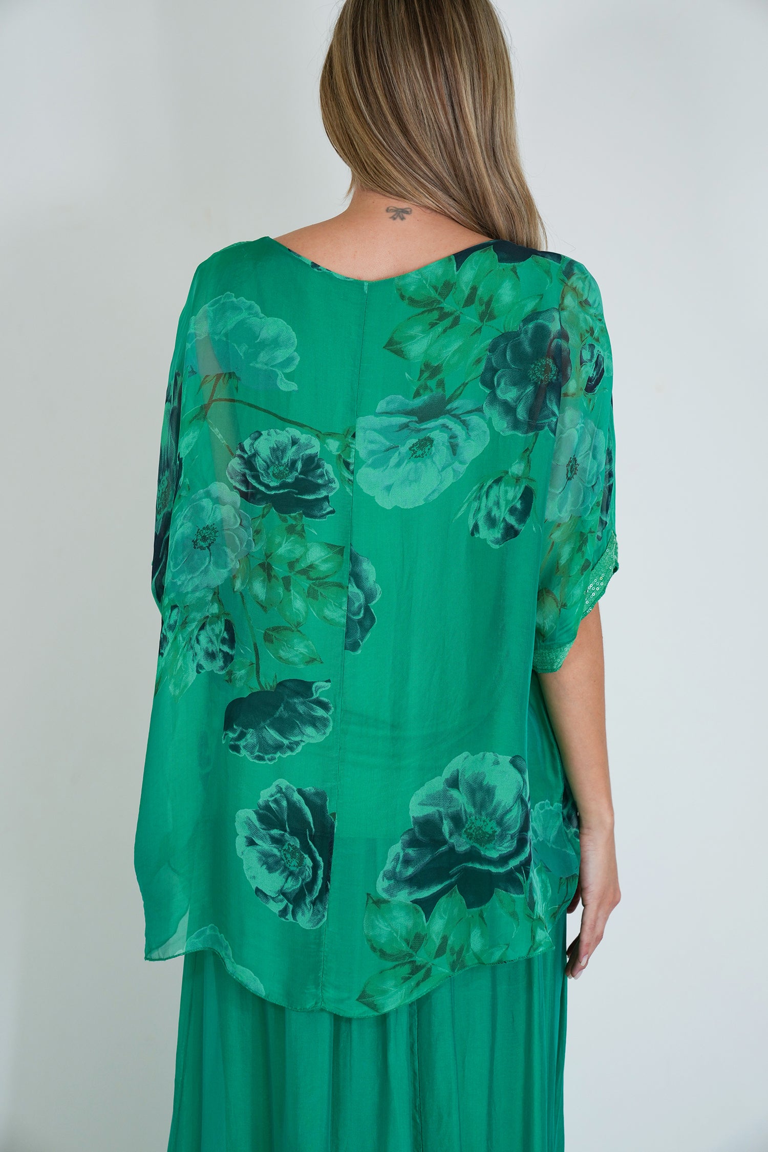 Green Floral Sequin Silk Poncho