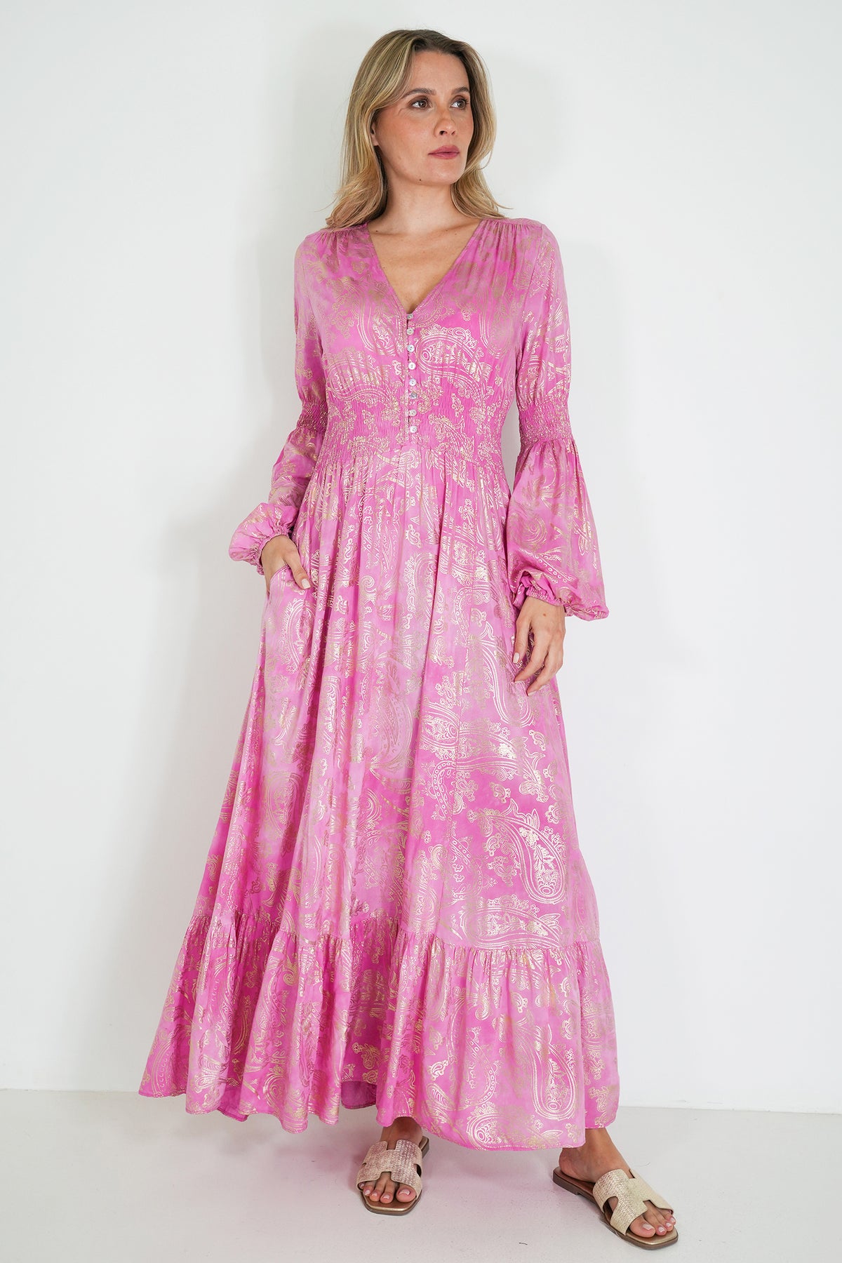Pink and Gold Paisley Qaanita Dress