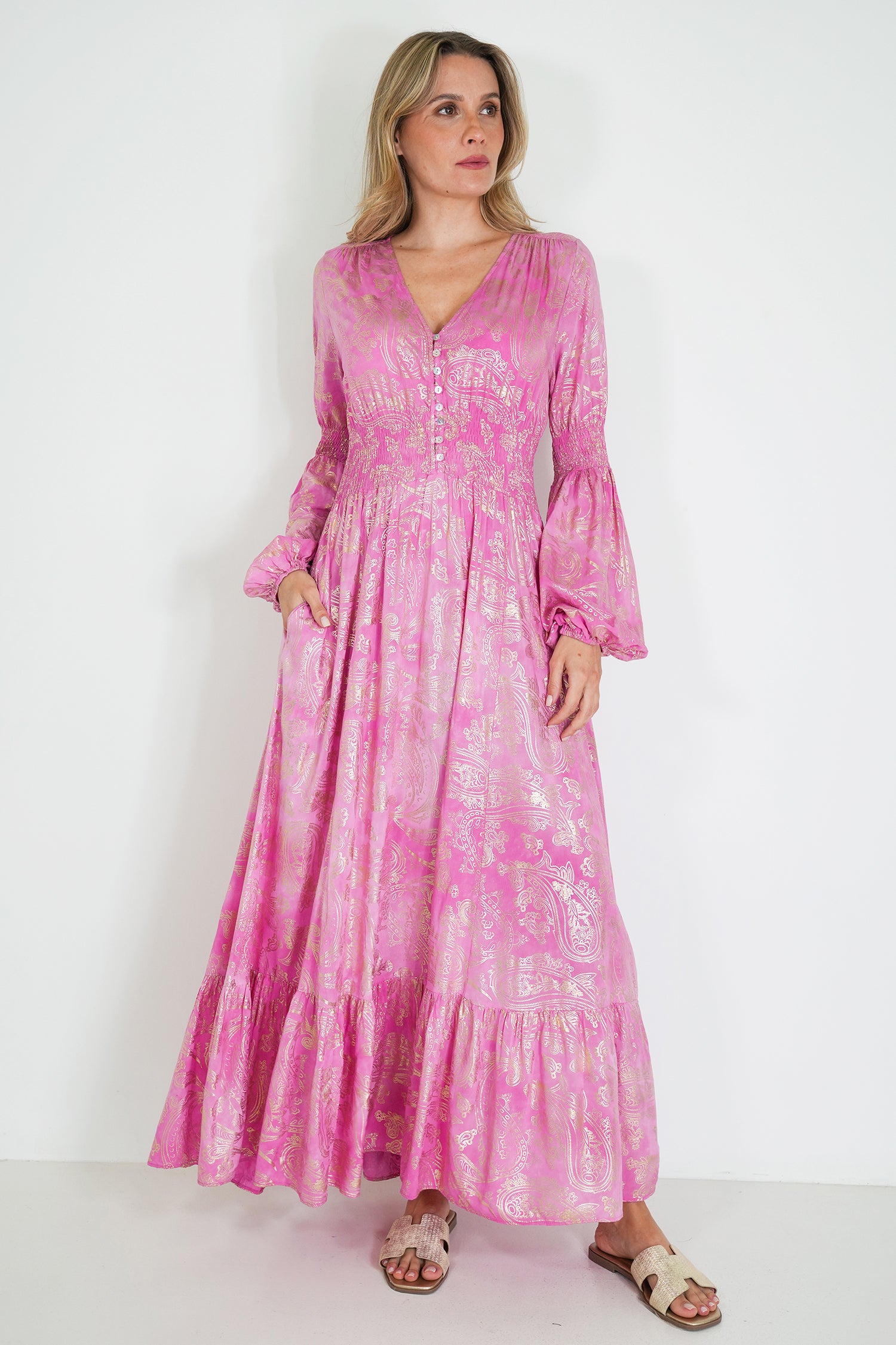 Pink and Gold Paisley Qaanita Dress