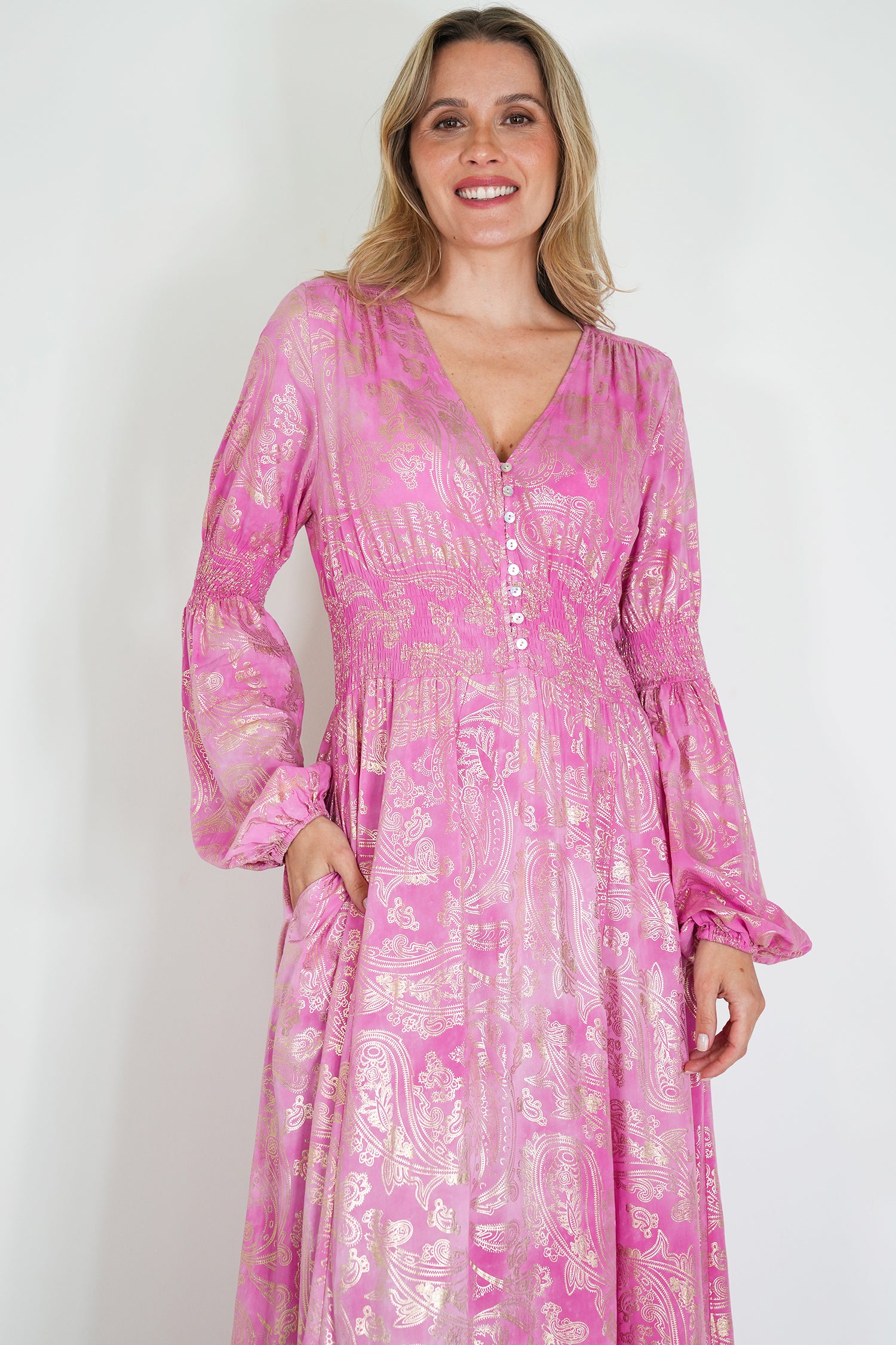 Pink and Gold Paisley Qaanita Dress
