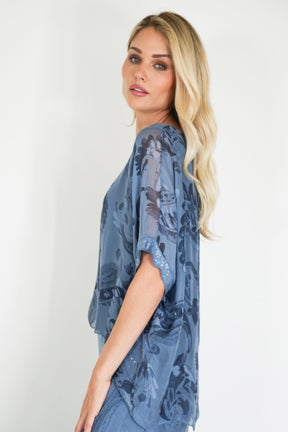 Blue Jody Sequin Silk Poncho