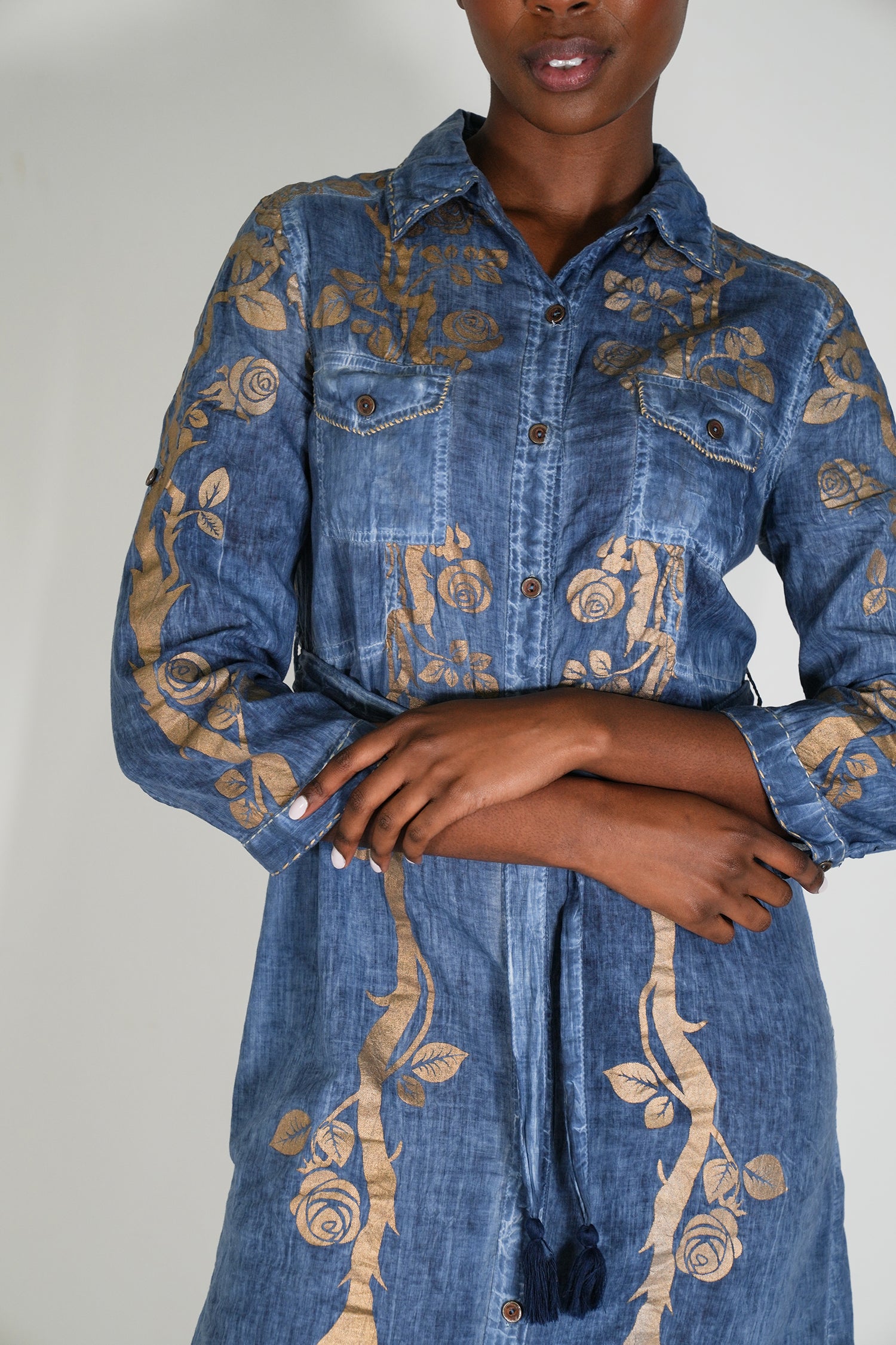Denim Gold Print Shirt Dress