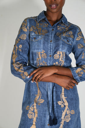 Denim Gold Print Shirt Dress
