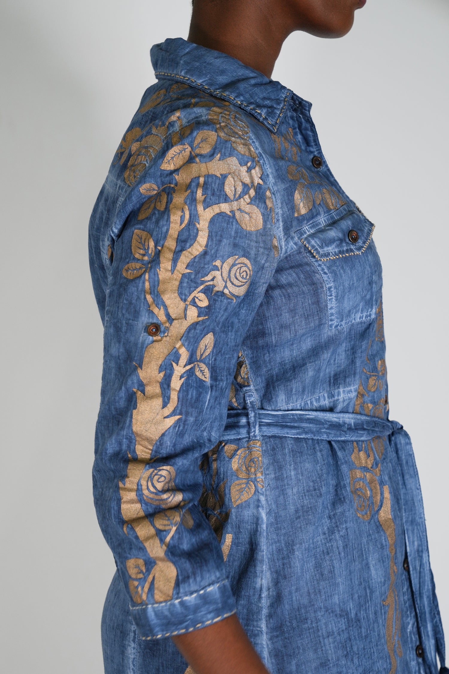 Denim Gold Print Shirt Dress