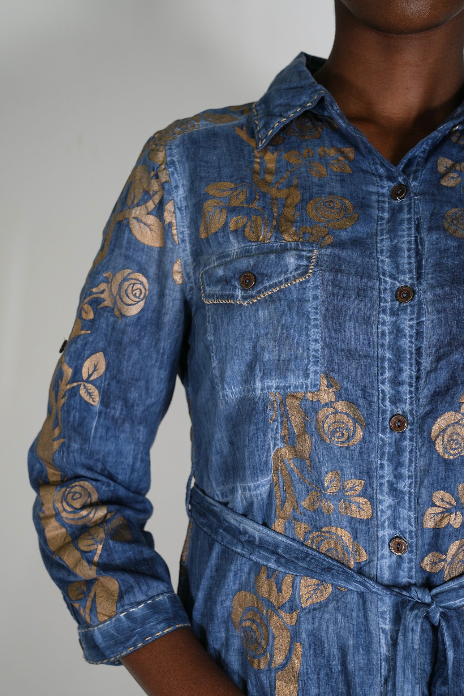 Denim Gold Print Shirt Dress