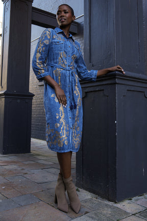 Denim Gold Print Shirt Dress