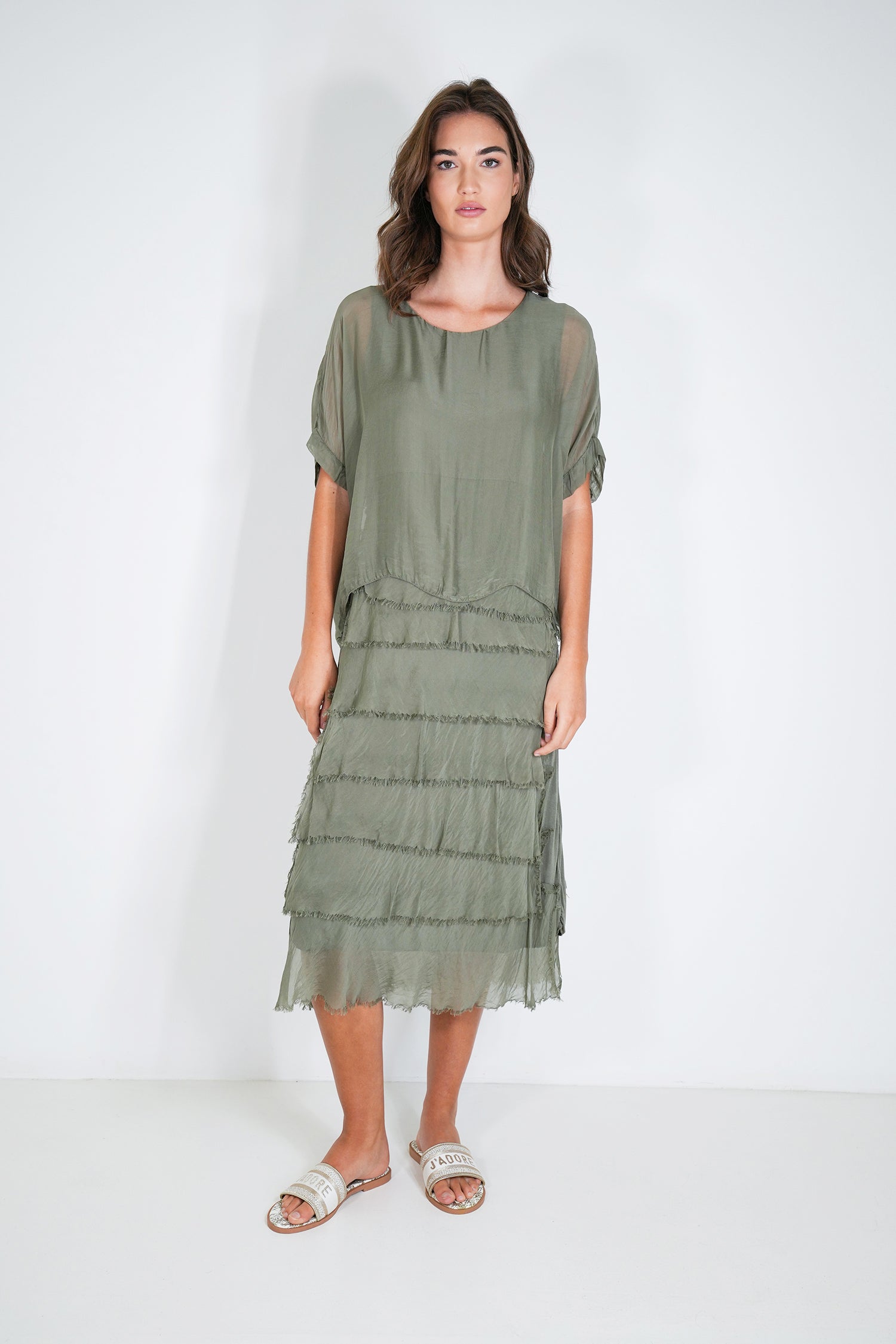Olive Overlay Tier Silk Dress