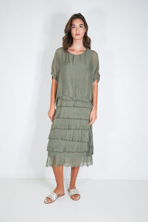 Olive Overlay Tier Silk Dress