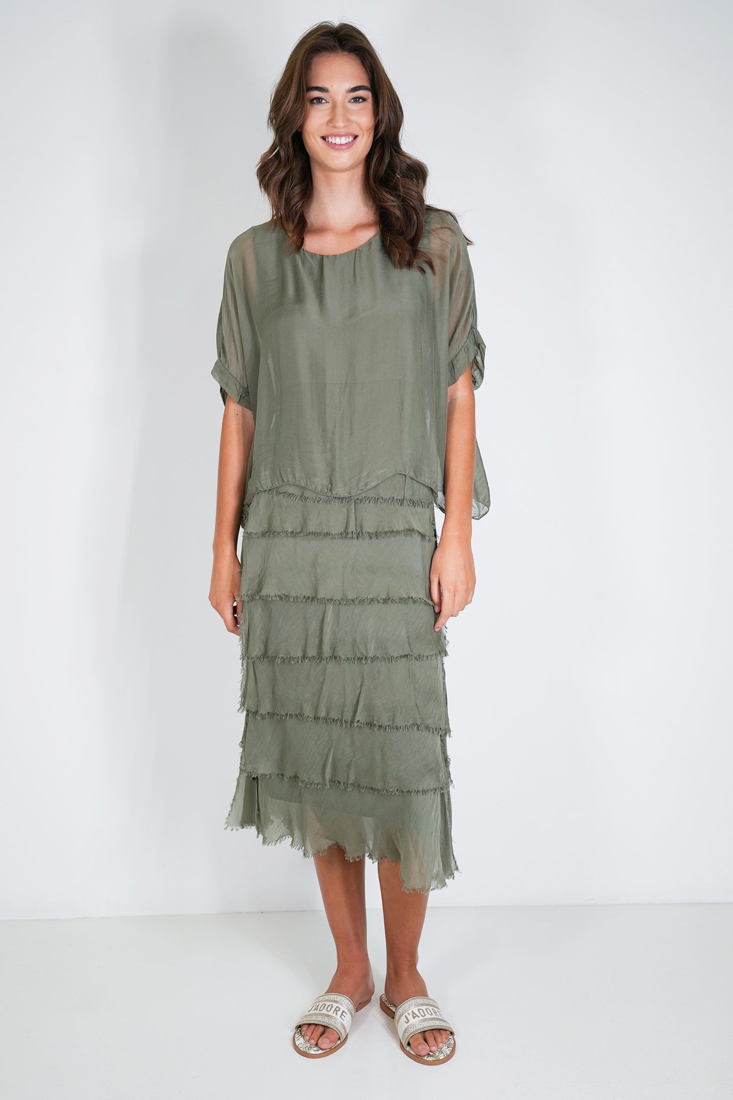 Olive Overlay Tier Silk Dress