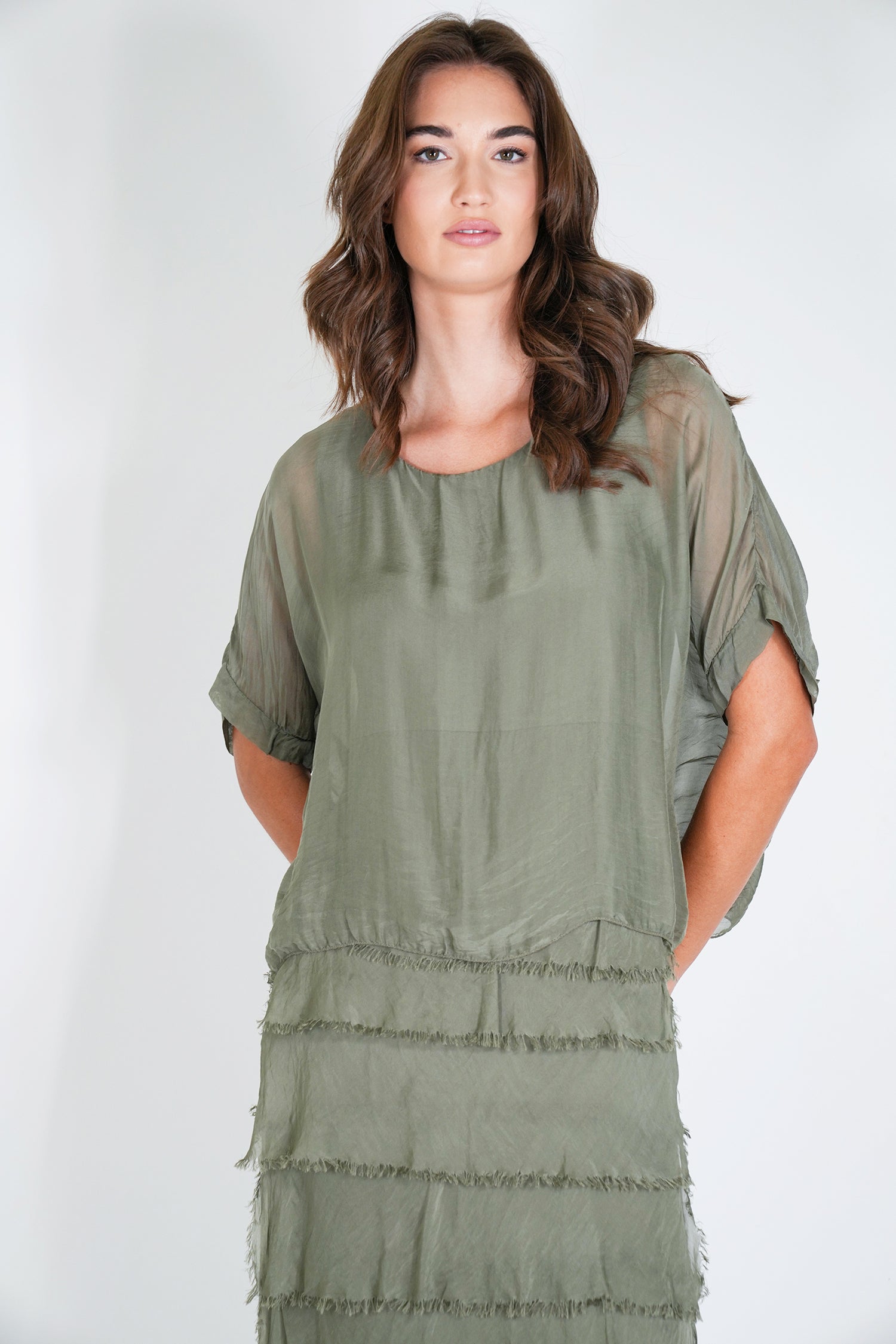Olive Overlay Tier Silk Dress