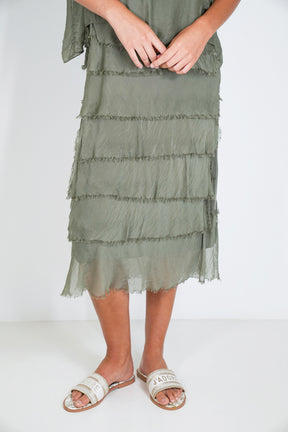 Olive Overlay Tier Silk Dress