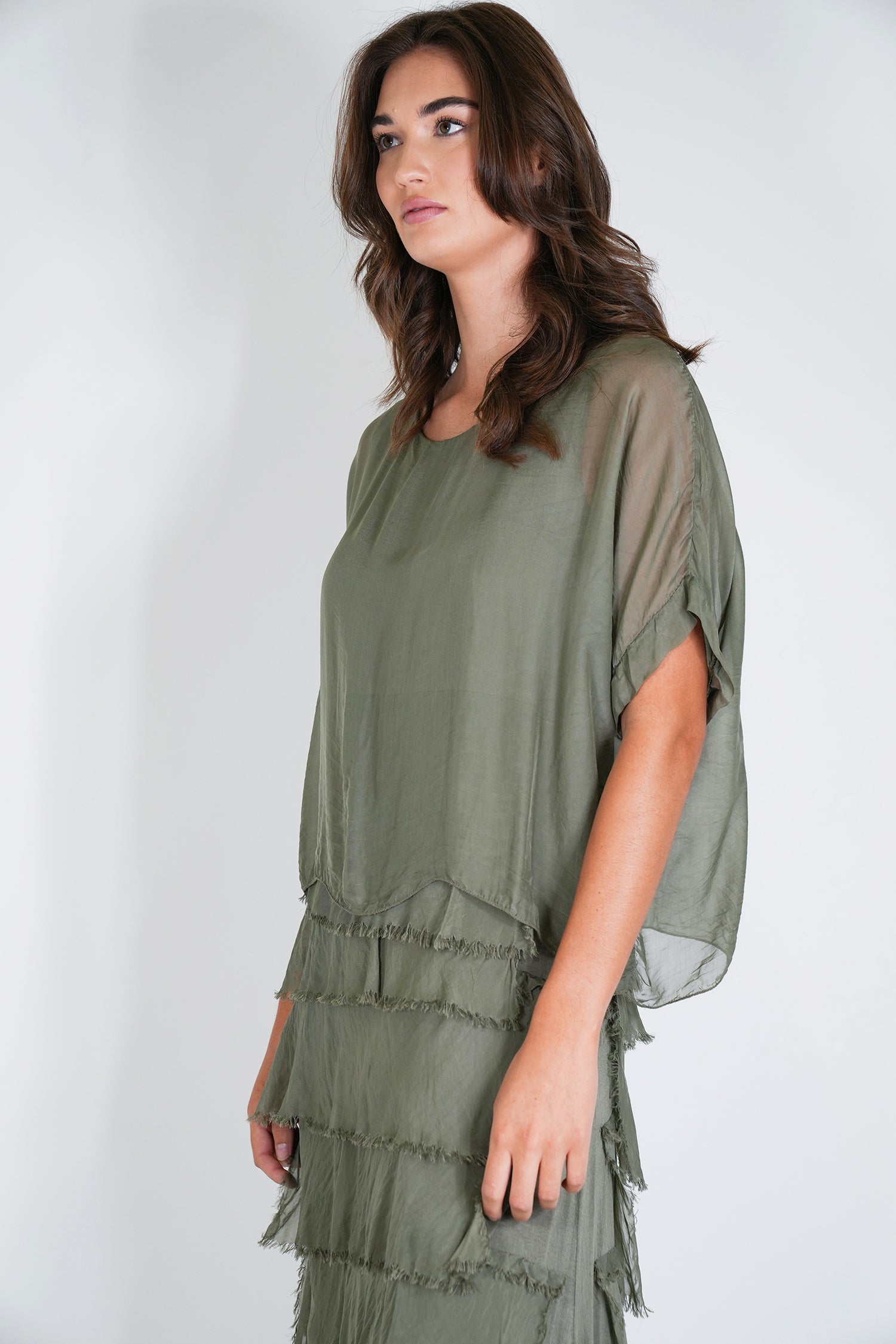 Olive Overlay Tier Silk Dress