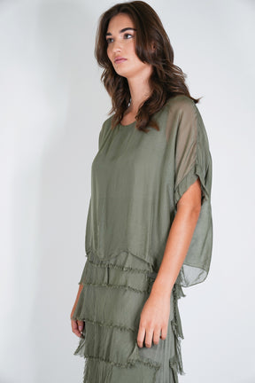 Olive Overlay Tier Silk Dress