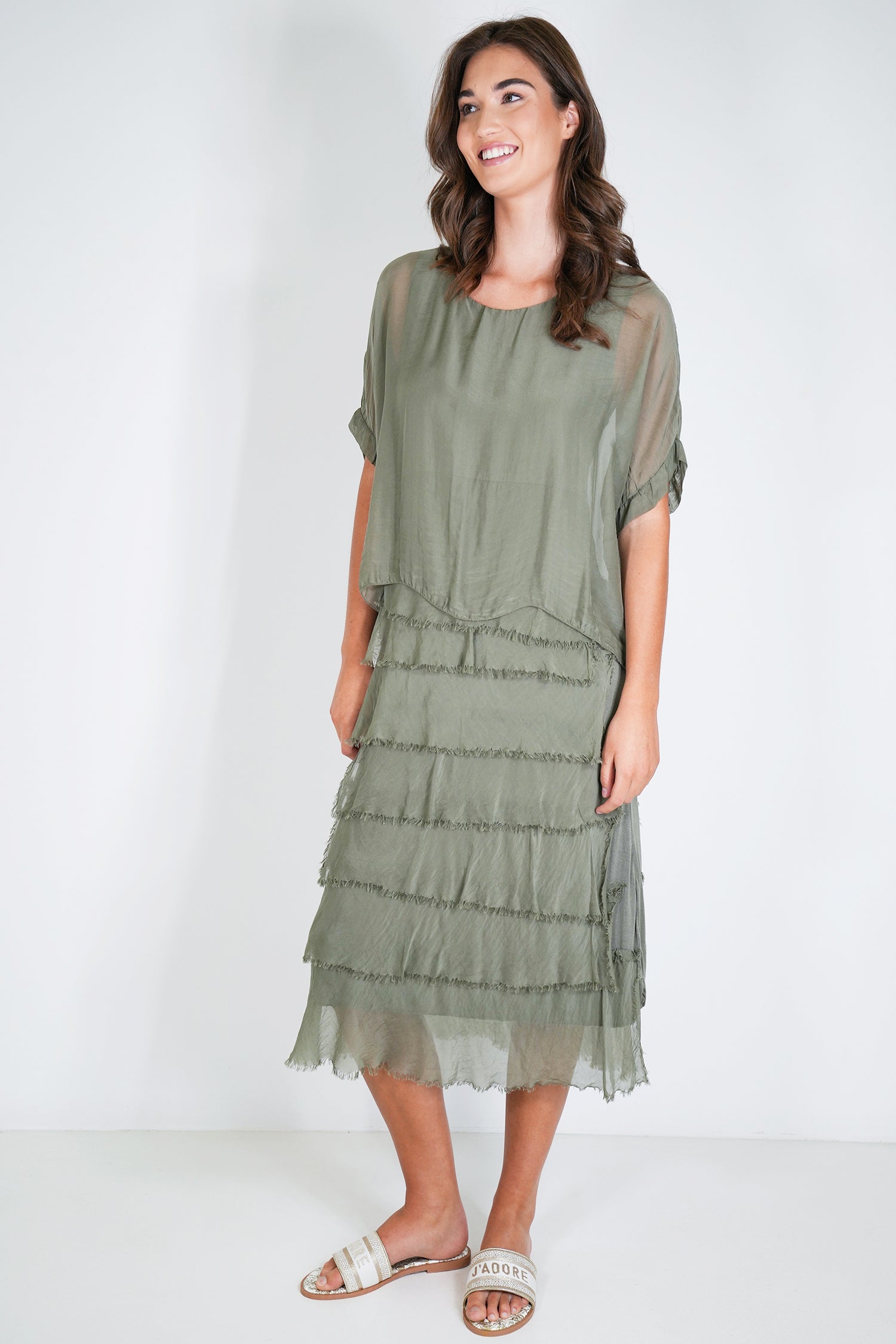 Olive Overlay Tier Silk Dress