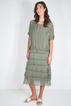 Olive Overlay Tier Silk Dress