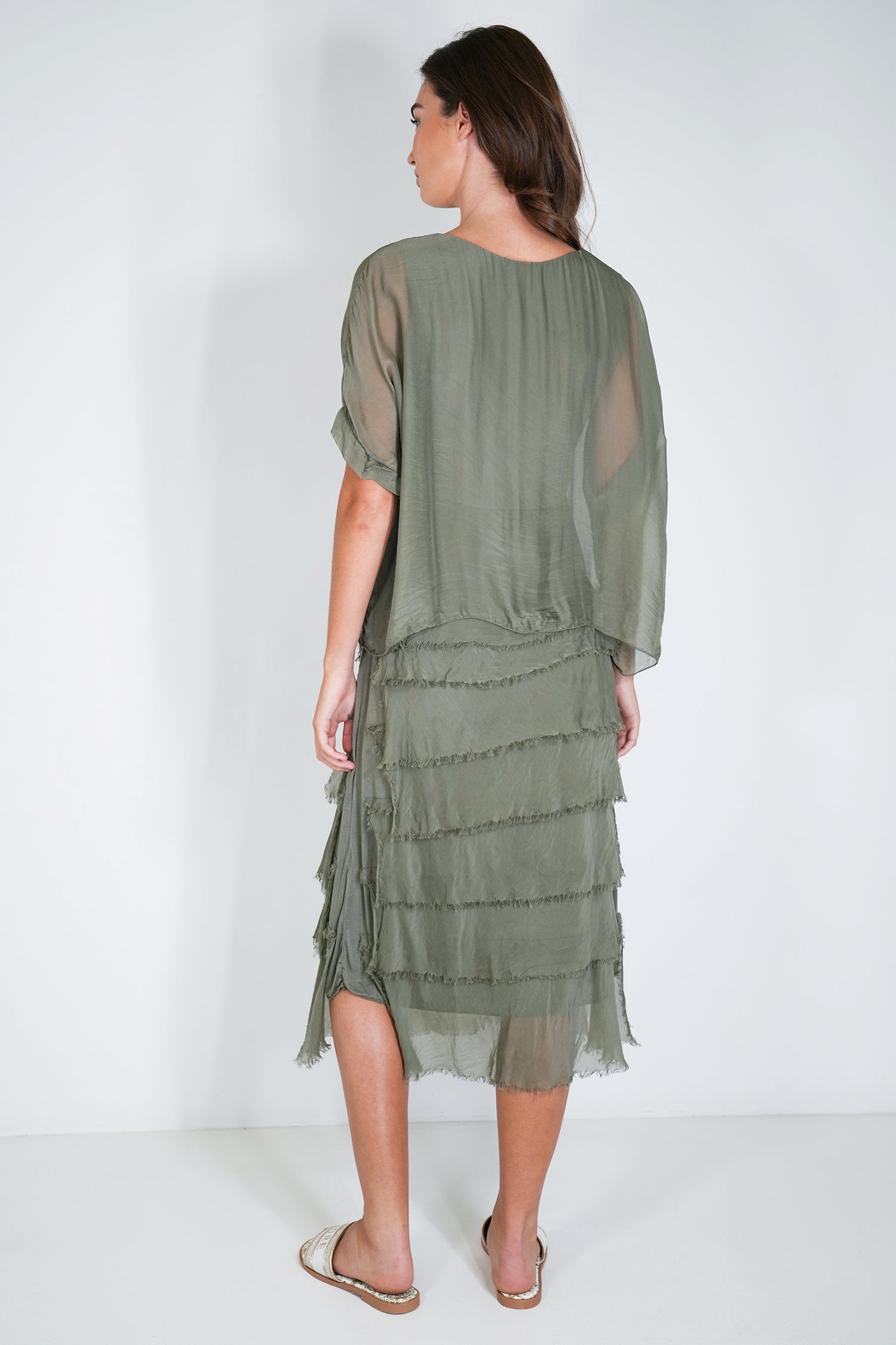 Olive Overlay Tier Silk Dress