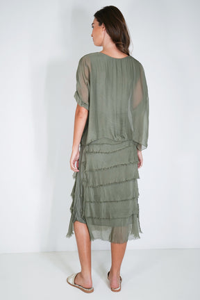 Olive Overlay Tier Silk Dress